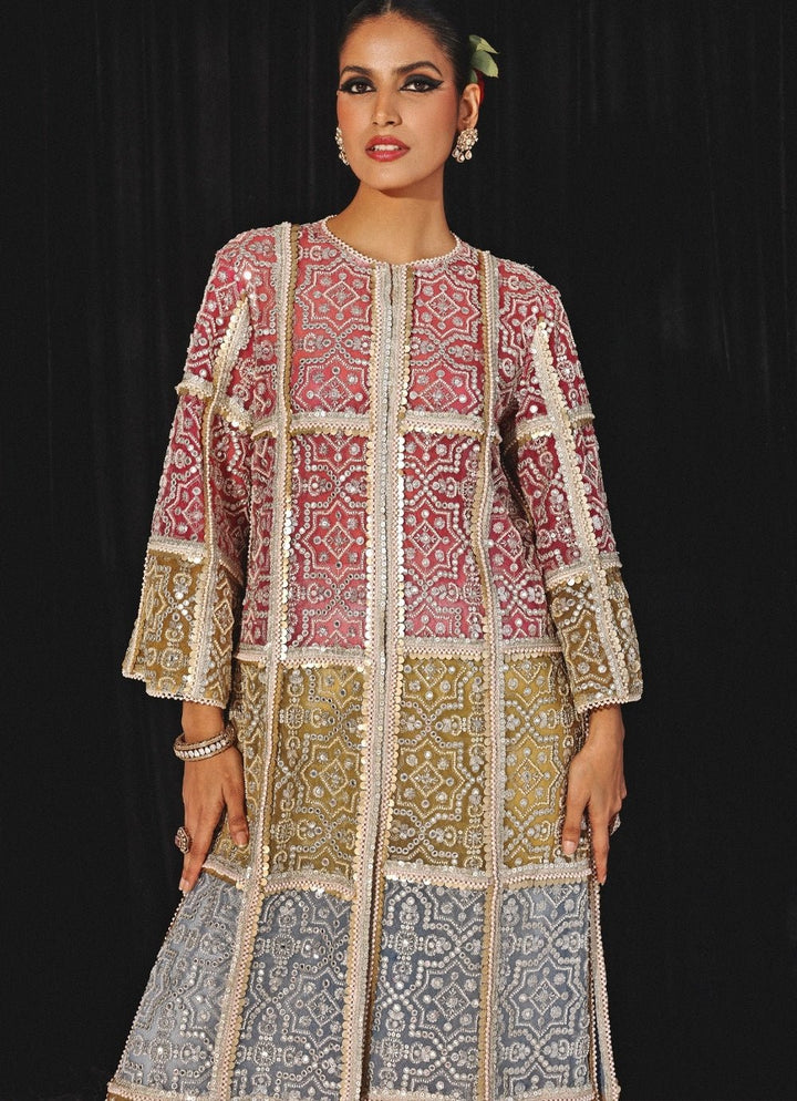 Ivory Co - Ord Set With Multicolour Mirrorwork Long Cape Twenty Nine - Fabilicious Fashion