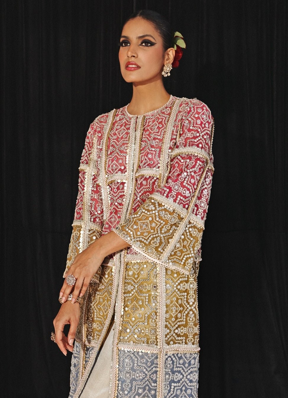 Ivory Co - Ord Set With Multicolour Mirrorwork Long Cape Twenty Nine - Fabilicious Fashion