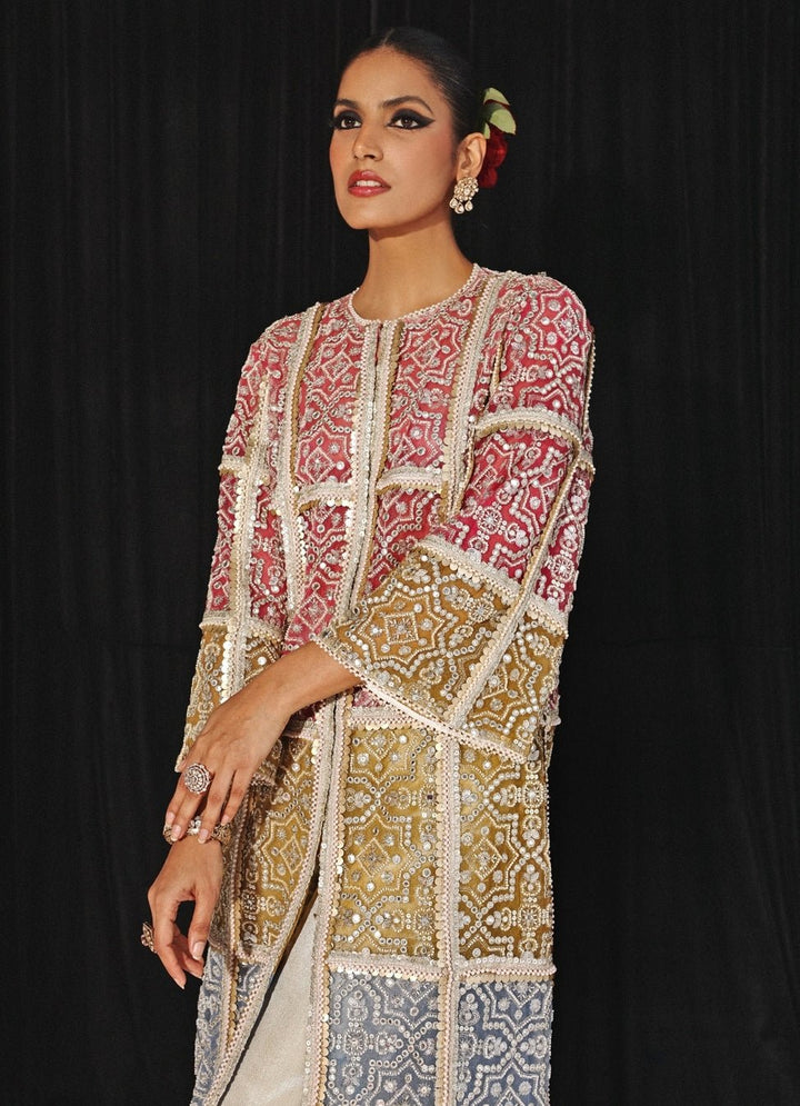 Ivory Co - Ord Set With Multicolour Mirrorwork Long Cape Twenty Nine - Fabilicious Fashion