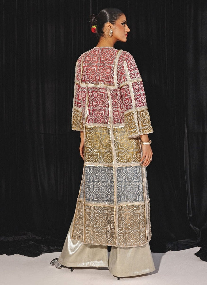 Ivory Co - Ord Set With Multicolour Mirrorwork Long Cape Twenty Nine - Fabilicious Fashion