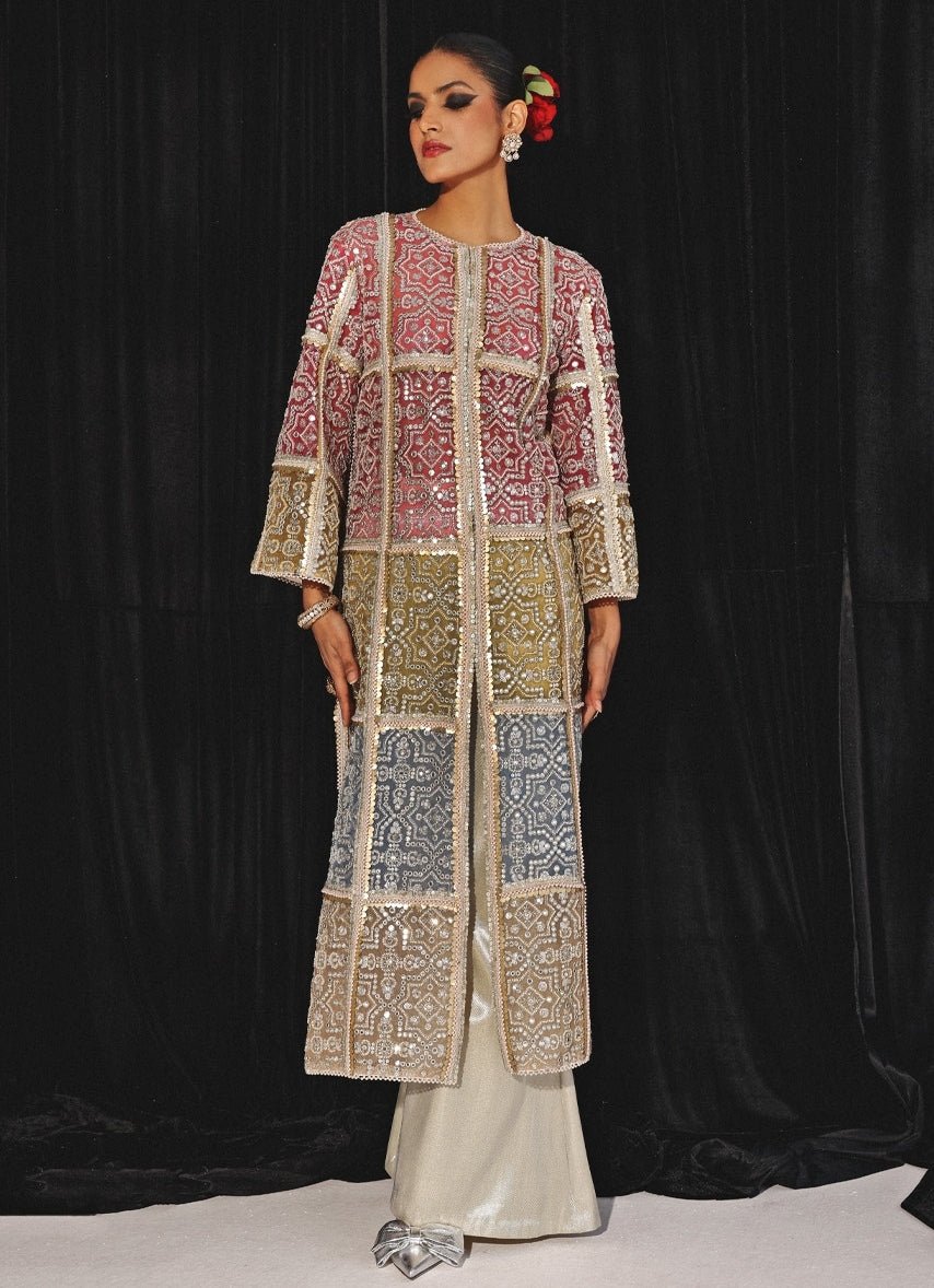 Ivory Co - Ord Set With Multicolour Mirrorwork Long Cape Twenty Nine - Fabilicious Fashion