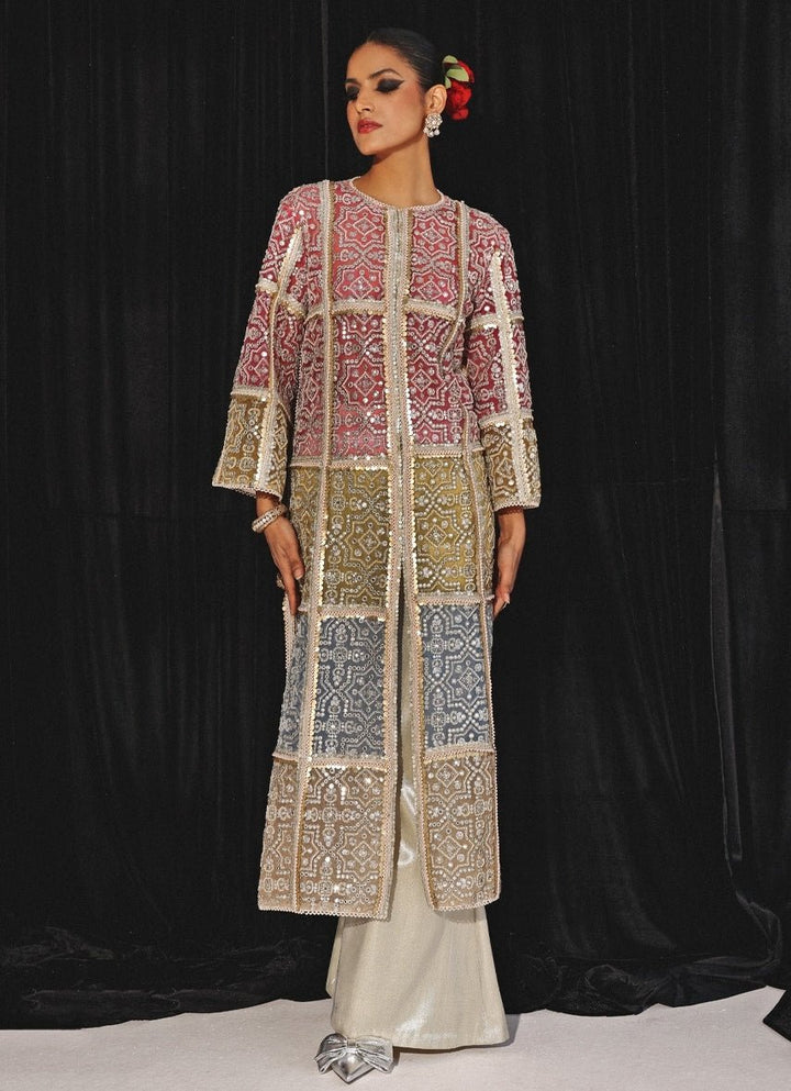 Ivory Co - Ord Set With Multicolour Mirrorwork Long Cape Twenty Nine - Fabilicious Fashion