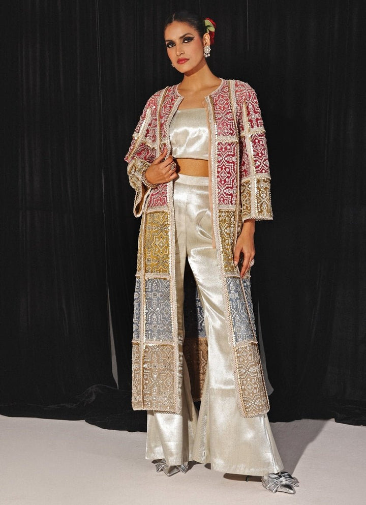 Ivory Co - Ord Set With Multicolour Mirrorwork Long Cape Twenty Nine - Fabilicious Fashion