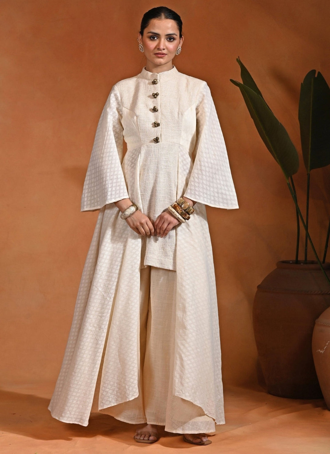 Rishi and Vibhuti Ivory Cotton Jacquard Anarkali Set With Flared PantsFabilicious Fashion