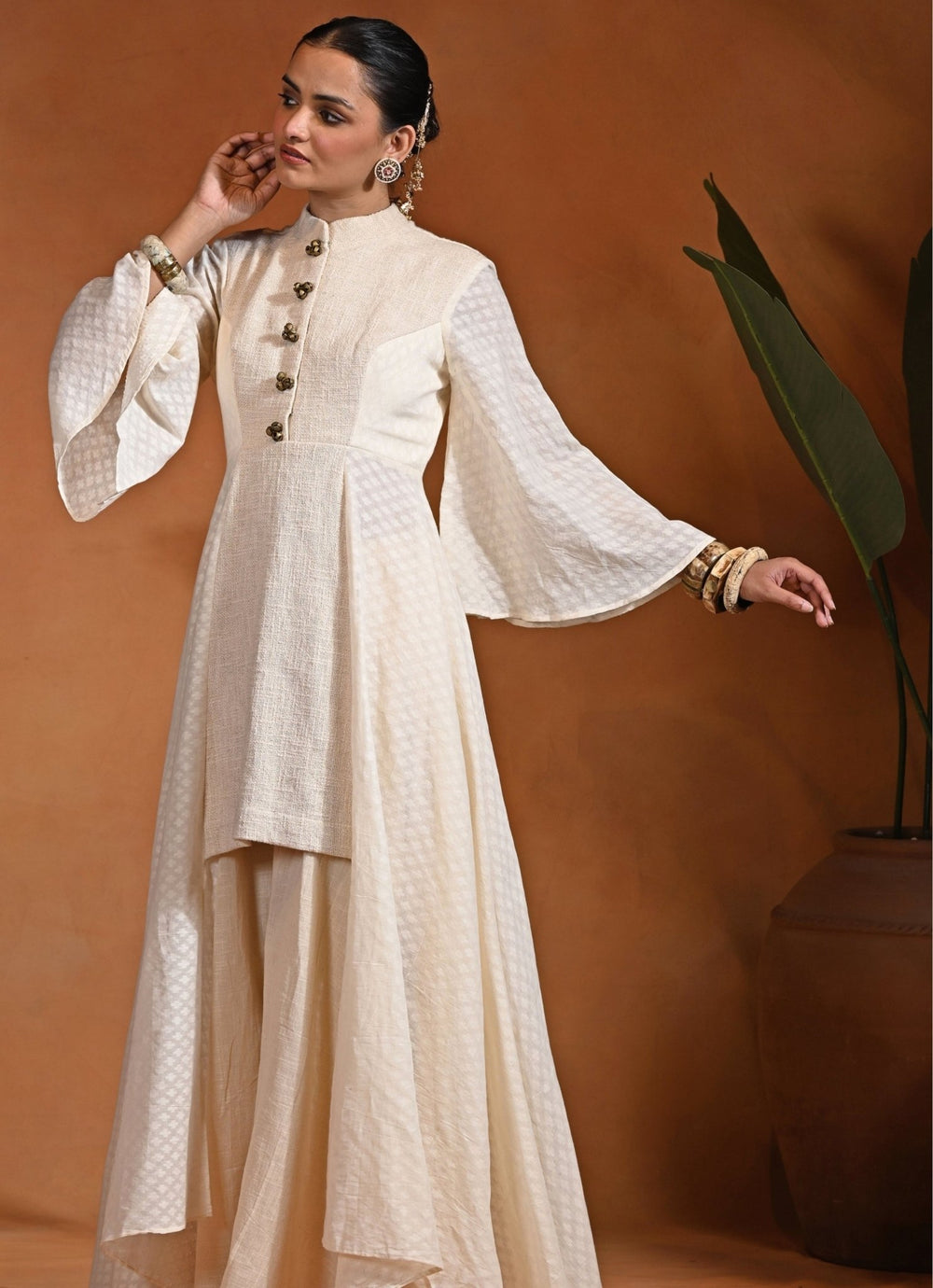 Rishi and Vibhuti Ivory Cotton Jacquard Anarkali Set With Flared PantsFabilicious Fashion