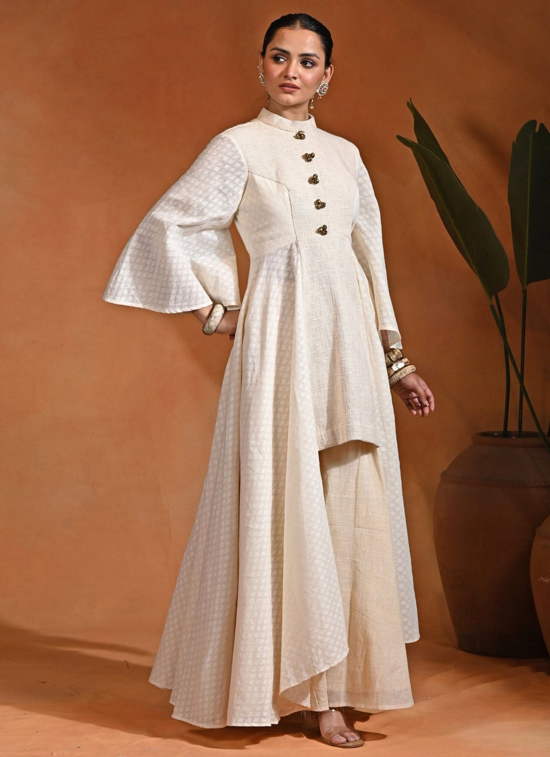 Rishi and Vibhuti Ivory Cotton Jacquard Anarkali Set With Flared PantsFabilicious Fashion