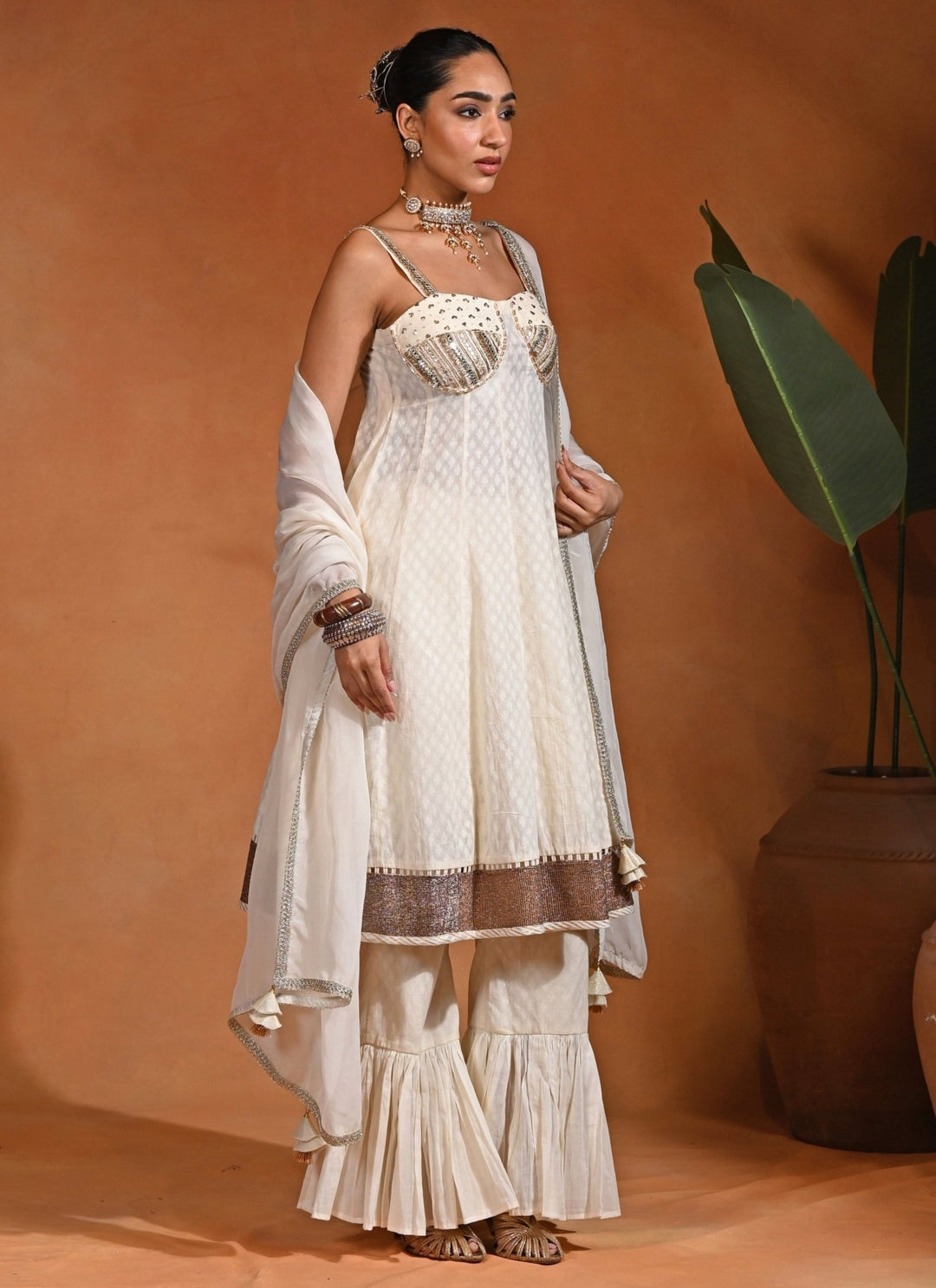 Rishi and Vibhuti Ivory Cotton Jacquard Anarkali Set With ShararaFabilicious Fashion