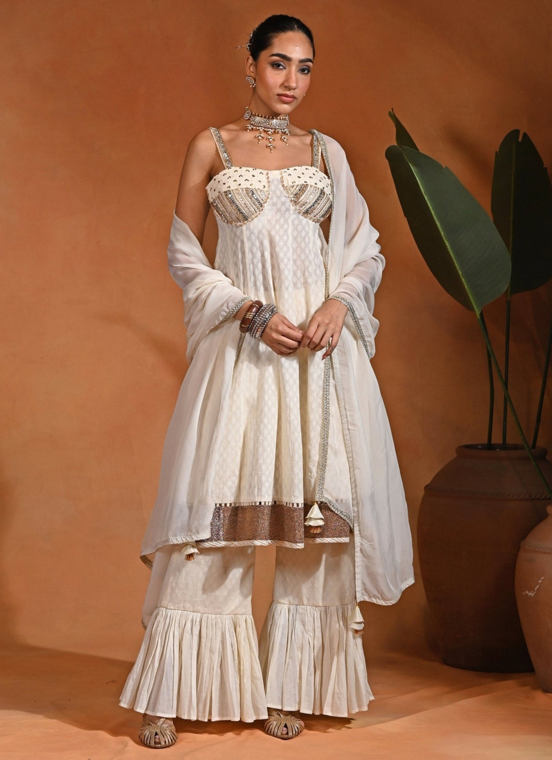 Rishi and Vibhuti Ivory Cotton Jacquard Anarkali Set With Sharara Fabilicious Fashion