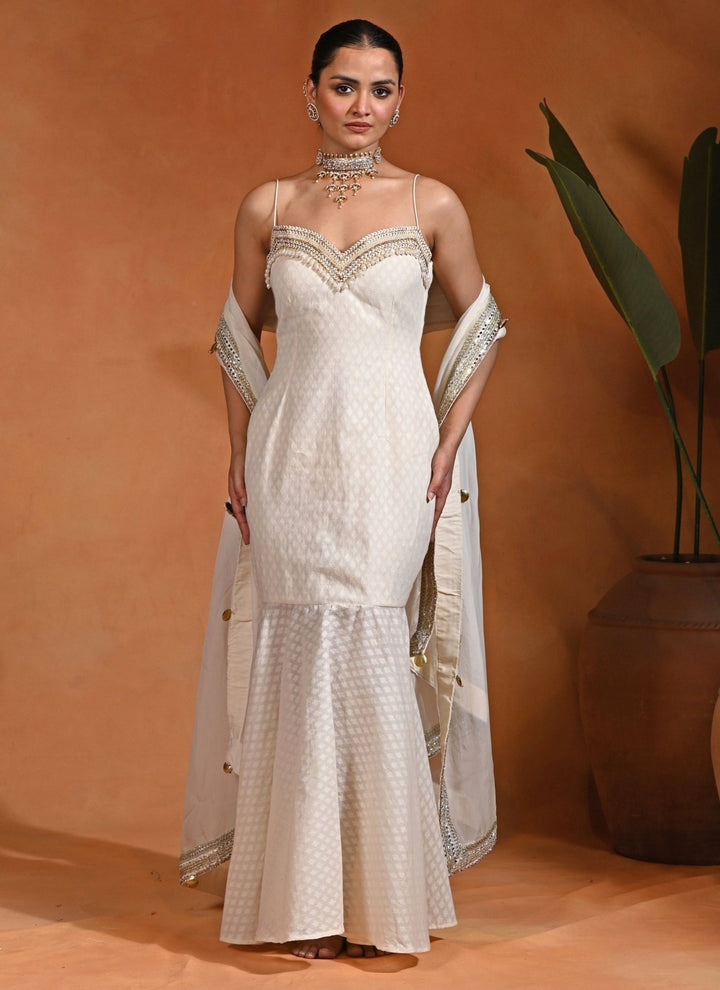 Rishi and Vibhuti Ivory Cotton Jacquard Mermaid GownFabilicious Fashion