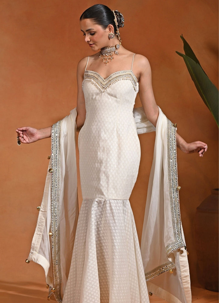 Rishi and Vibhuti Ivory Cotton Jacquard Mermaid GownFabilicious Fashion