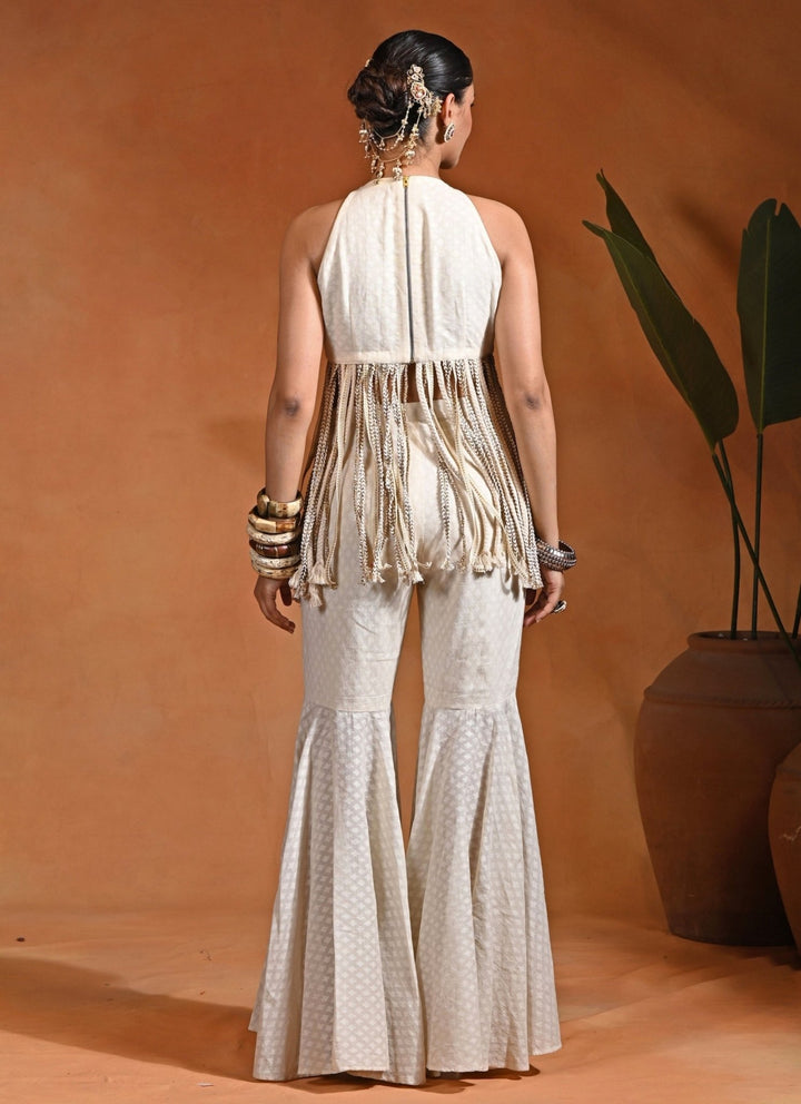 Rishi and Vibhuti Ivory Cotton Jacquard Peplum Kurta Sharara SetFabilicious Fashion