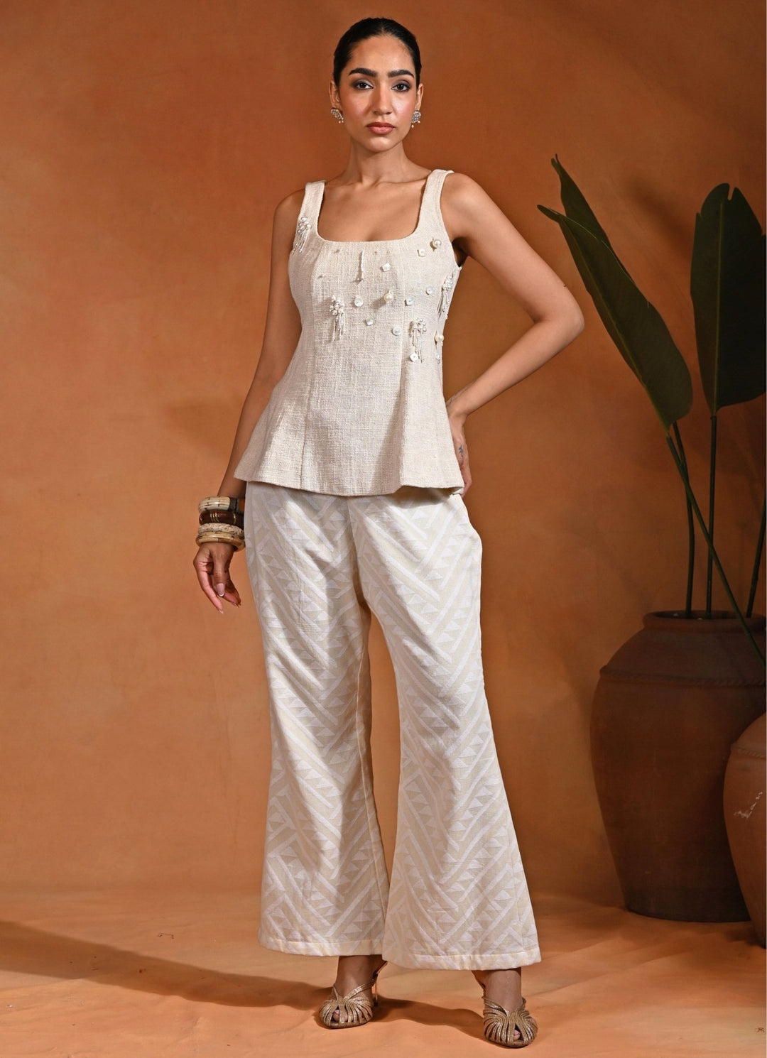 Rishi and Vibhuti Ivory Cotton Jacquard Top And Pants SetFabilicious Fashion