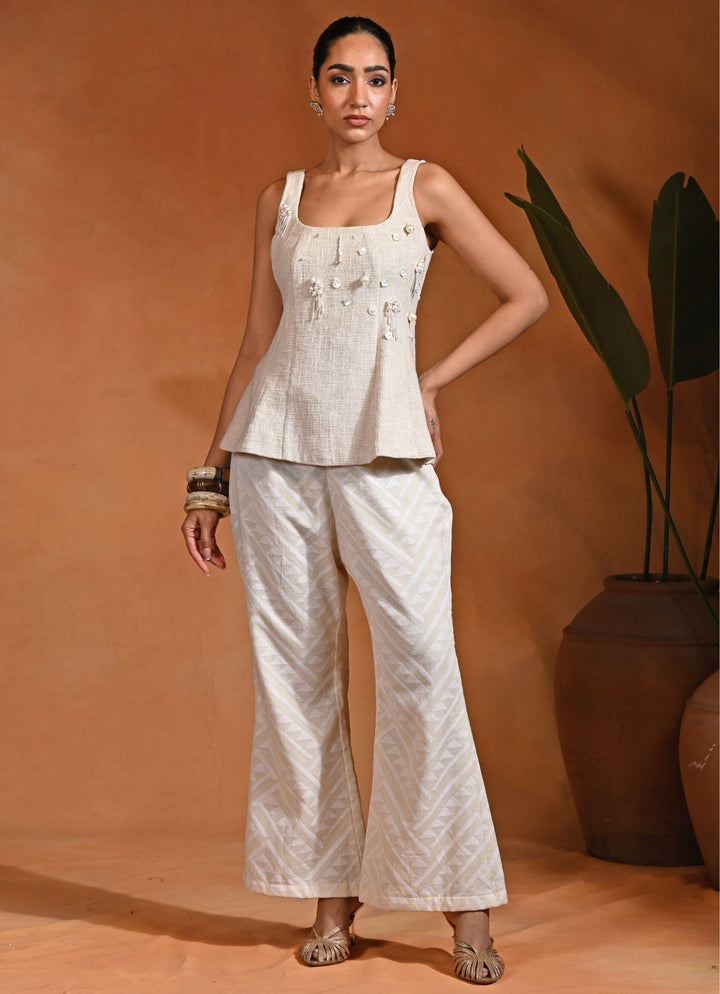 Rishi and Vibhuti Ivory Cotton Jacquard Top And Pants SetFabilicious Fashion