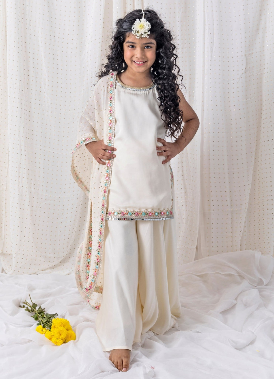 Ivory Cotton Kurta Sharara Set Chotibuti - Fabilicious Fashion