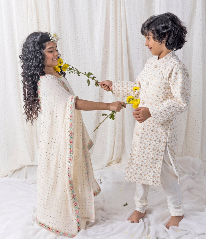 Ivory Cotton Kurta Sharara Set Chotibuti - Fabilicious Fashion