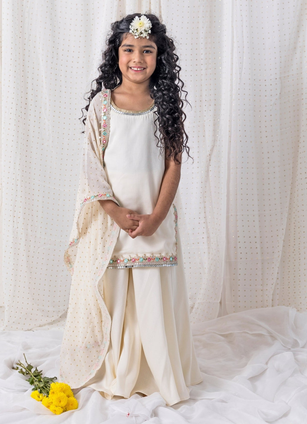 Ivory Cotton Kurta Sharara Set Chotibuti - Fabilicious Fashion