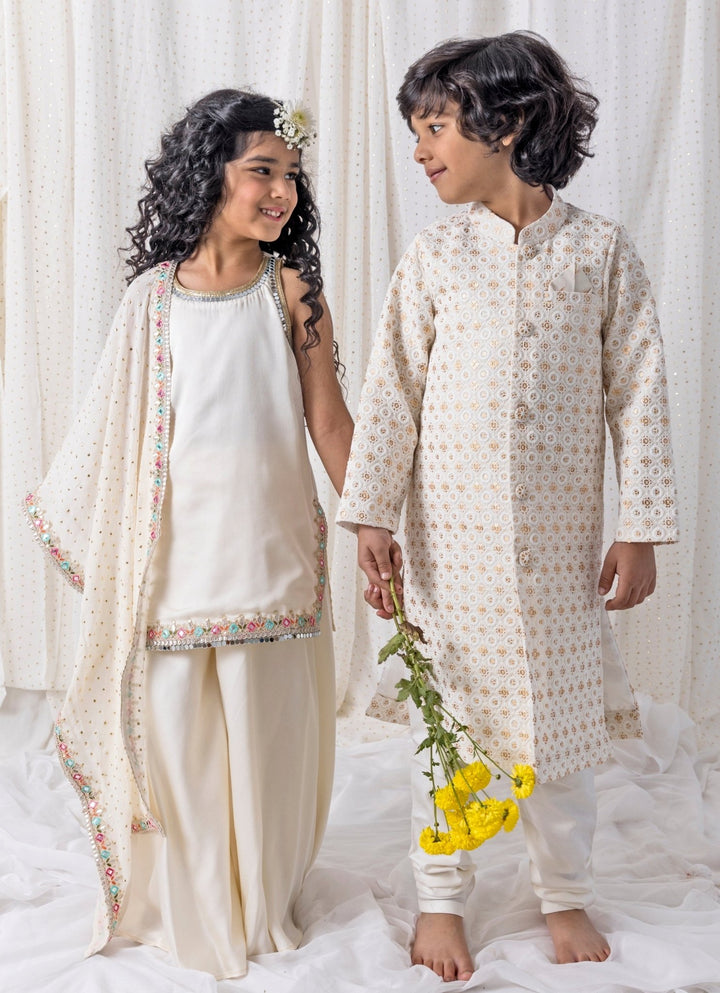 Ivory Cotton Sherwani Set Chotibuti - Fabilicious Fashion