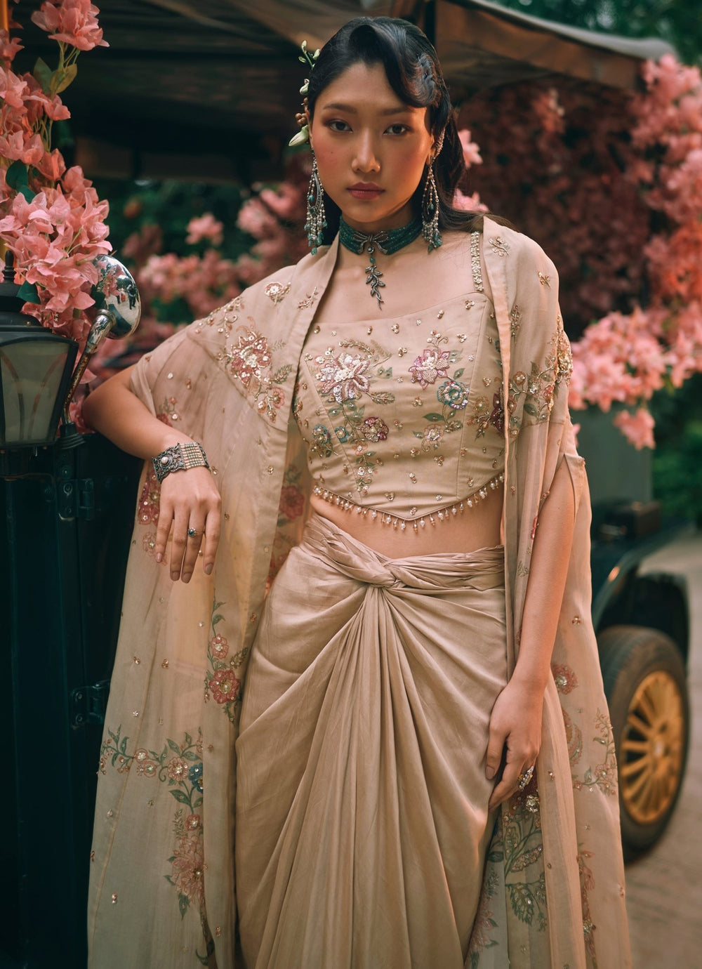 Paulmi and Harsh Ivory Cotton Silk Drape Skirt Set With Corset And CapeFabilicious Fashion