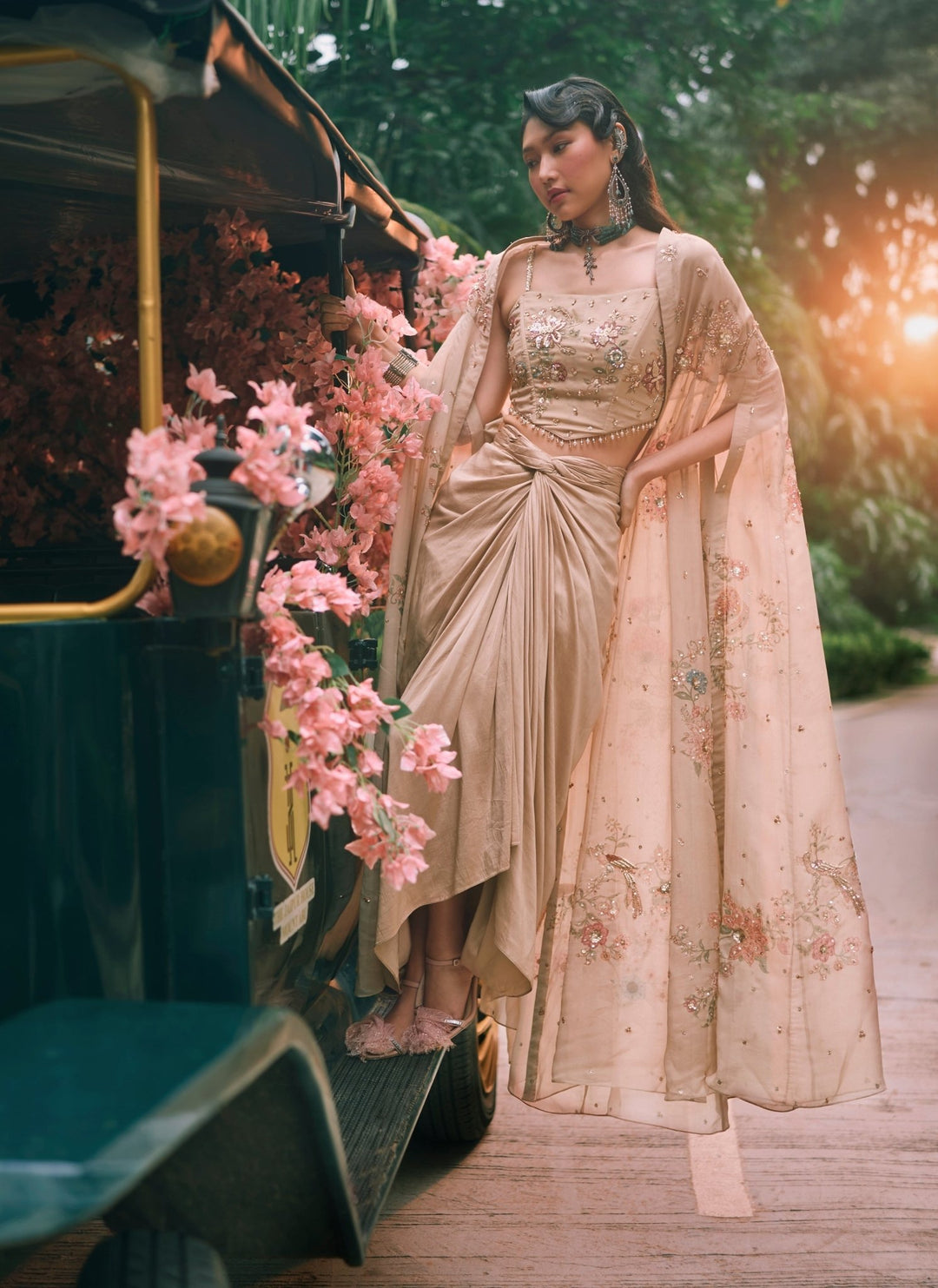 Paulmi and Harsh Ivory Cotton Silk Drape Skirt Set With Corset And CapeFabilicious Fashion