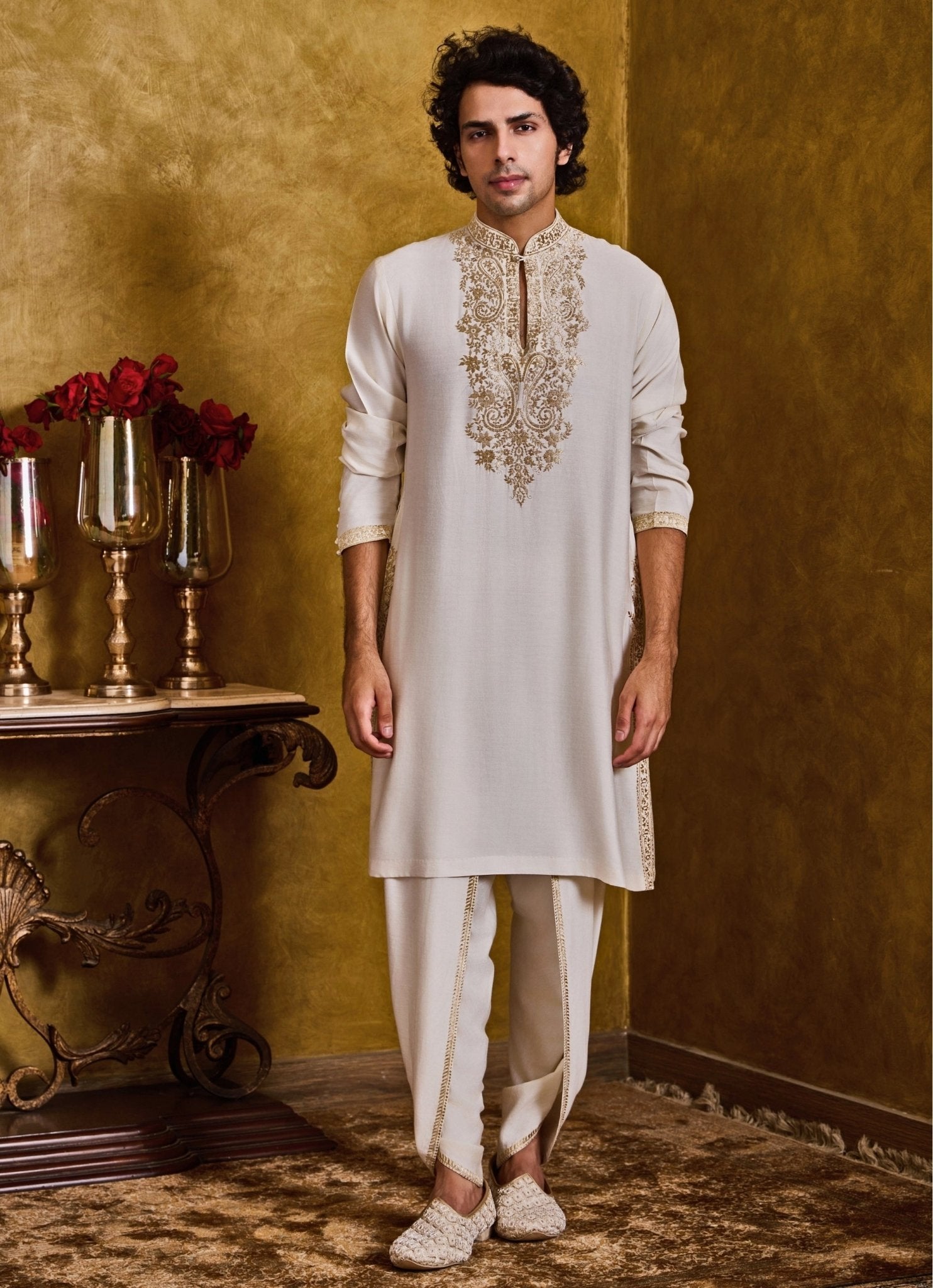 Where can I find premium mens kurta sets - ivory cotton silk kurta dhoti set with Jodhpuri jacket by Nitika Gujral Men