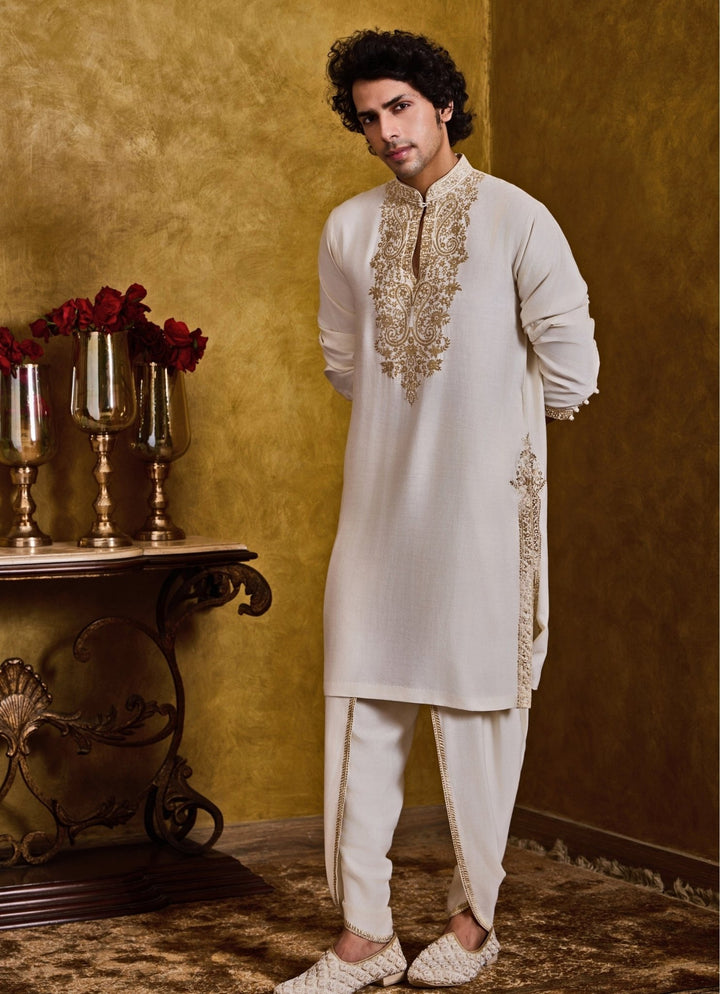 Ivory Cotton Silk Kurta Dhoti Set Nitika Gujral - Men - Fabilicious Fashion