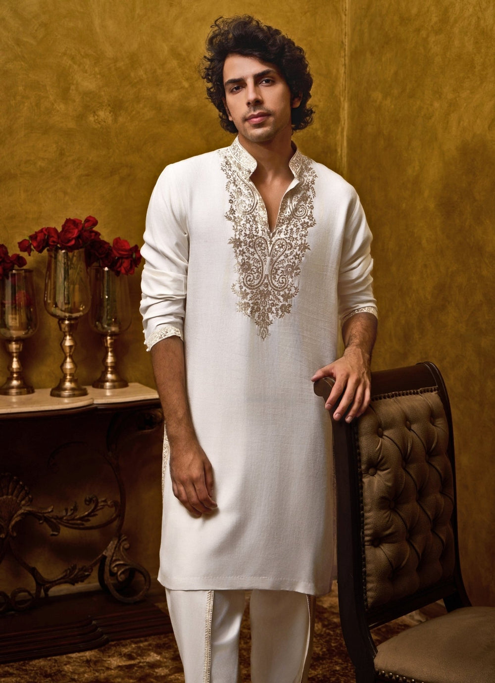 Ivory Cotton Silk Kurta Dhoti Set Nitika Gujral - Men - Fabilicious Fashion