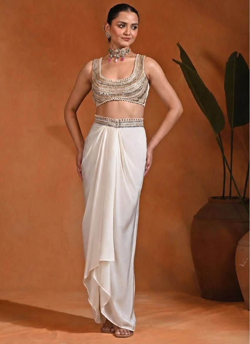 Rishi and Vibhuti Ivory Crepe Drape Skirt Set With CapeFabilicious Fashion