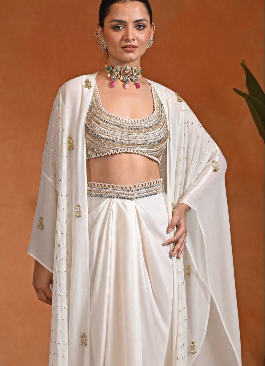 Rishi and Vibhuti Ivory Crepe Drape Skirt Set With CapeFabilicious Fashion