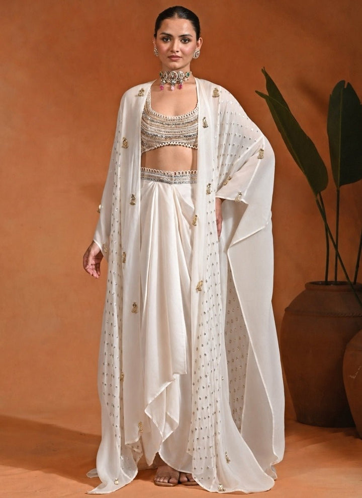 Rishi and Vibhuti Ivory Crepe Drape Skirt Set With CapeFabilicious Fashion