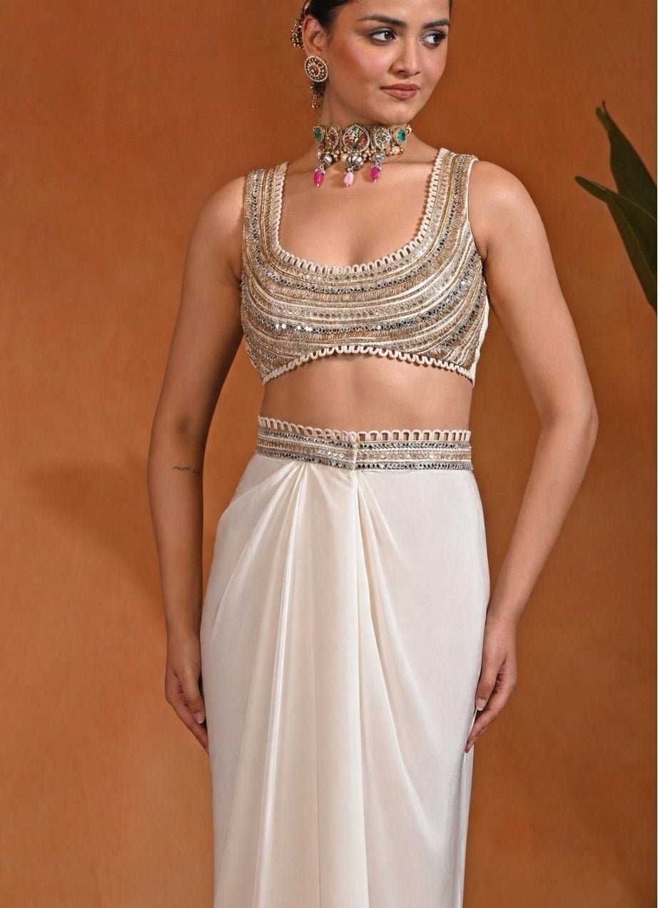 Rishi and Vibhuti Ivory Crepe Drape Skirt Set With CapeFabilicious Fashion