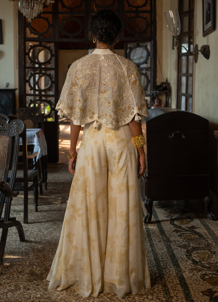 Ivory Crepe Jumpsuit With Cape Paulmi and Harsh - Fabilicious Fashion