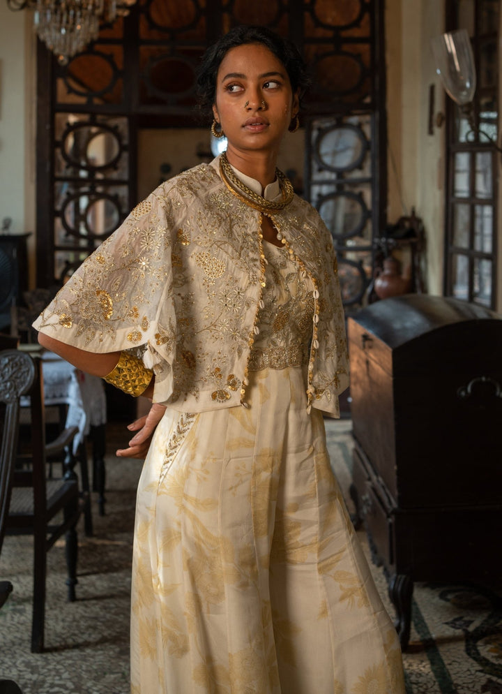 Ivory Crepe Jumpsuit With Cape Paulmi and Harsh - Fabilicious Fashion