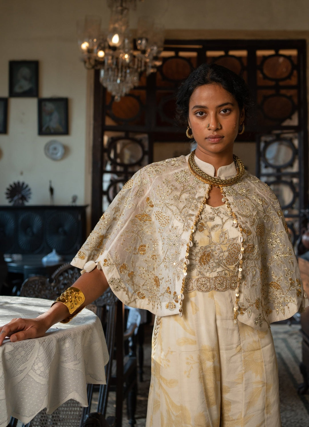 Ivory Crepe Jumpsuit With Cape Paulmi and Harsh - Fabilicious Fashion