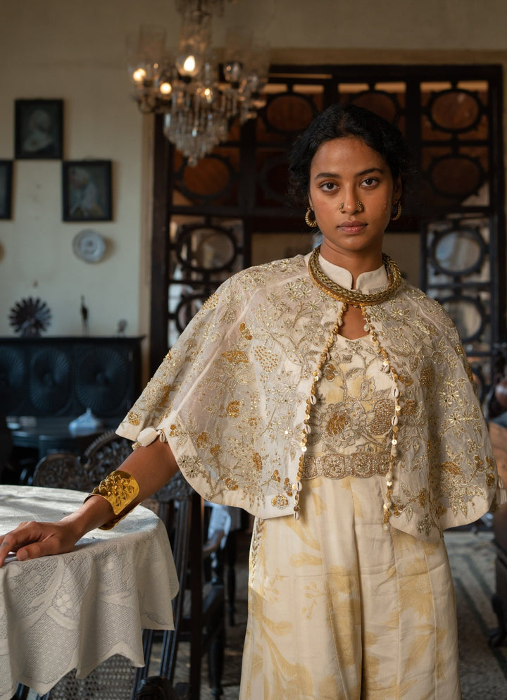 Ivory Crepe Jumpsuit With Cape Paulmi and Harsh - Fabilicious Fashion