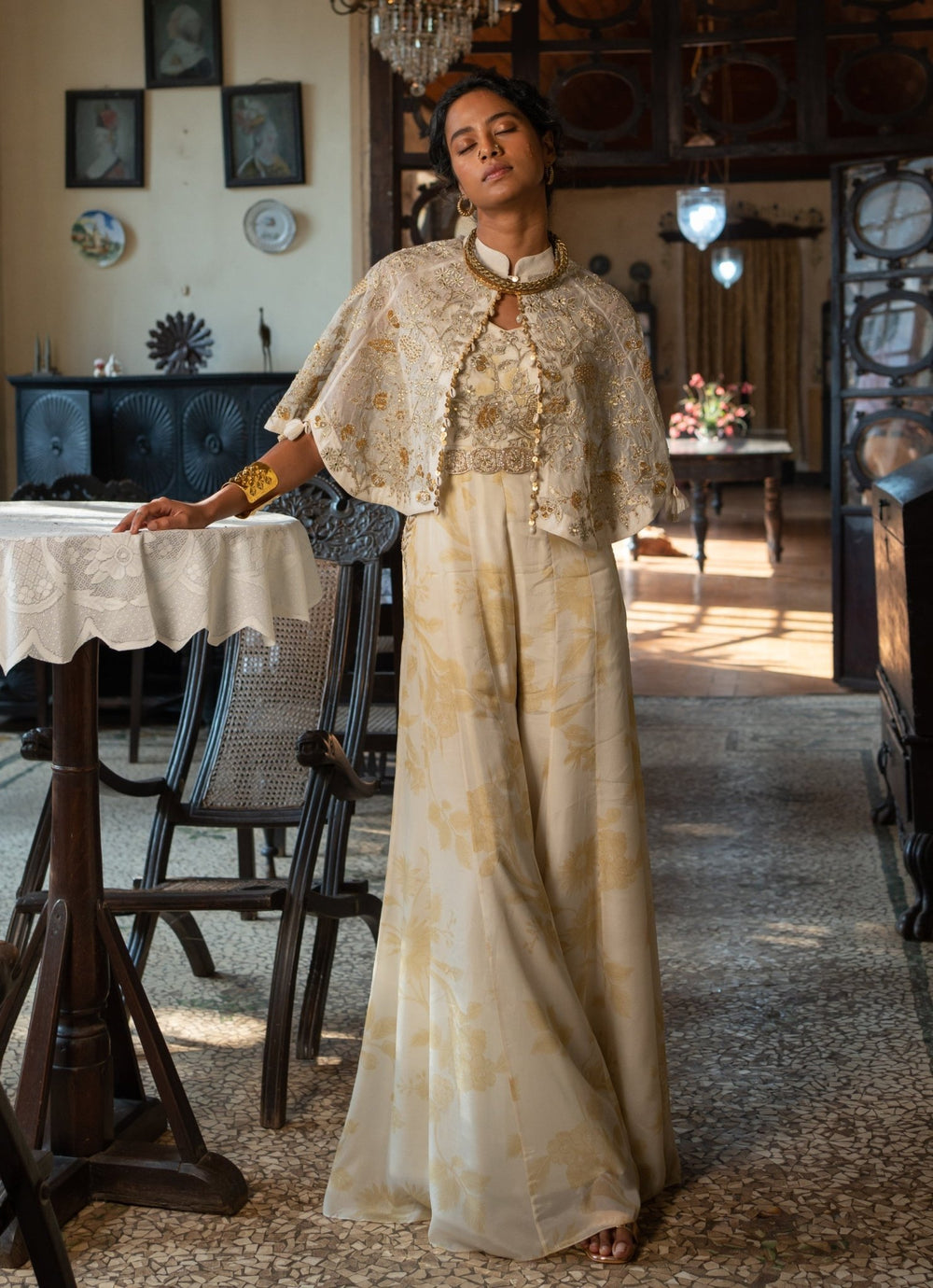 Ivory Crepe Jumpsuit With Cape Paulmi and Harsh - Fabilicious Fashion
