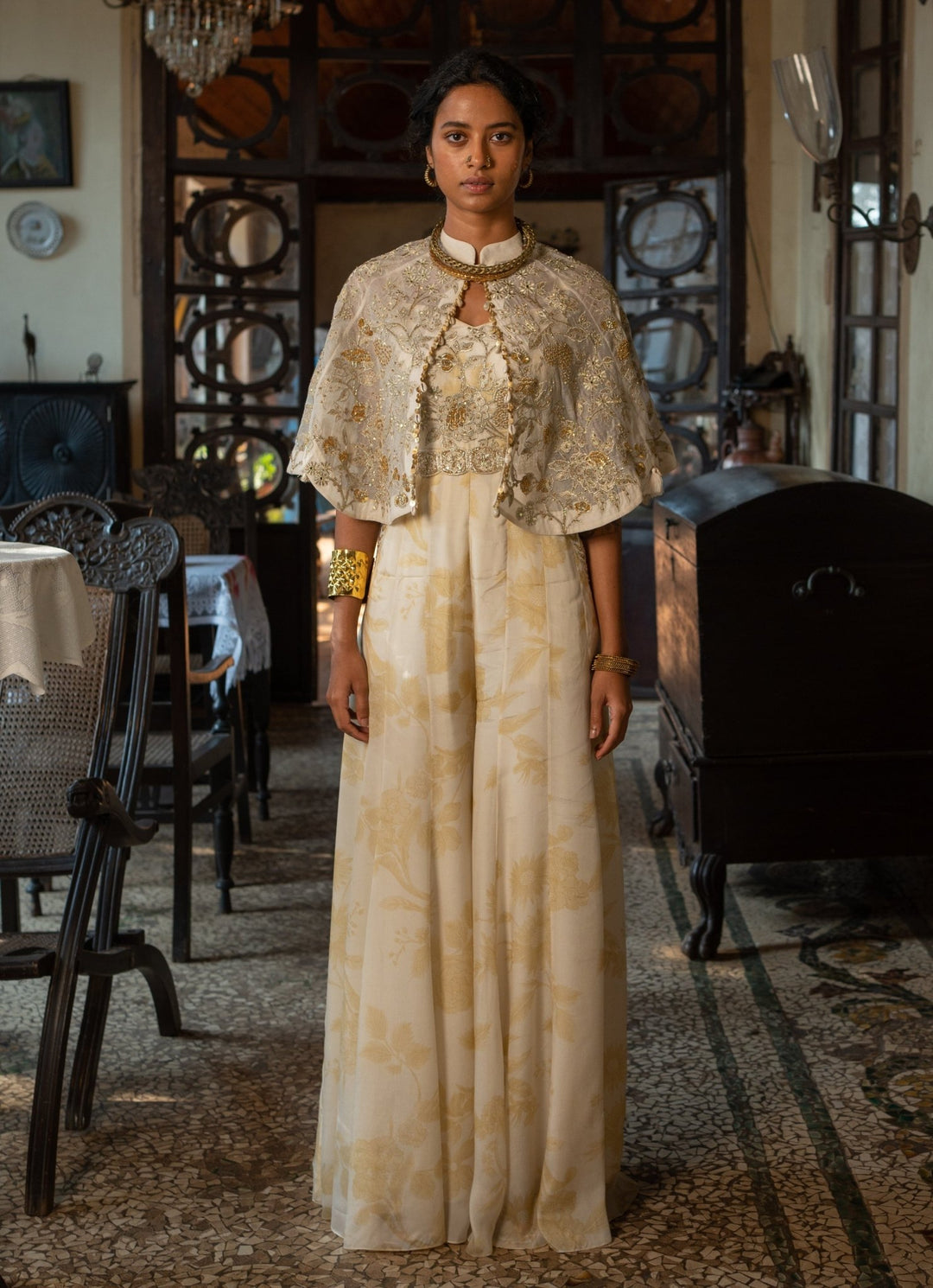 Ivory Crepe Jumpsuit With Cape Paulmi and Harsh - Fabilicious Fashion
