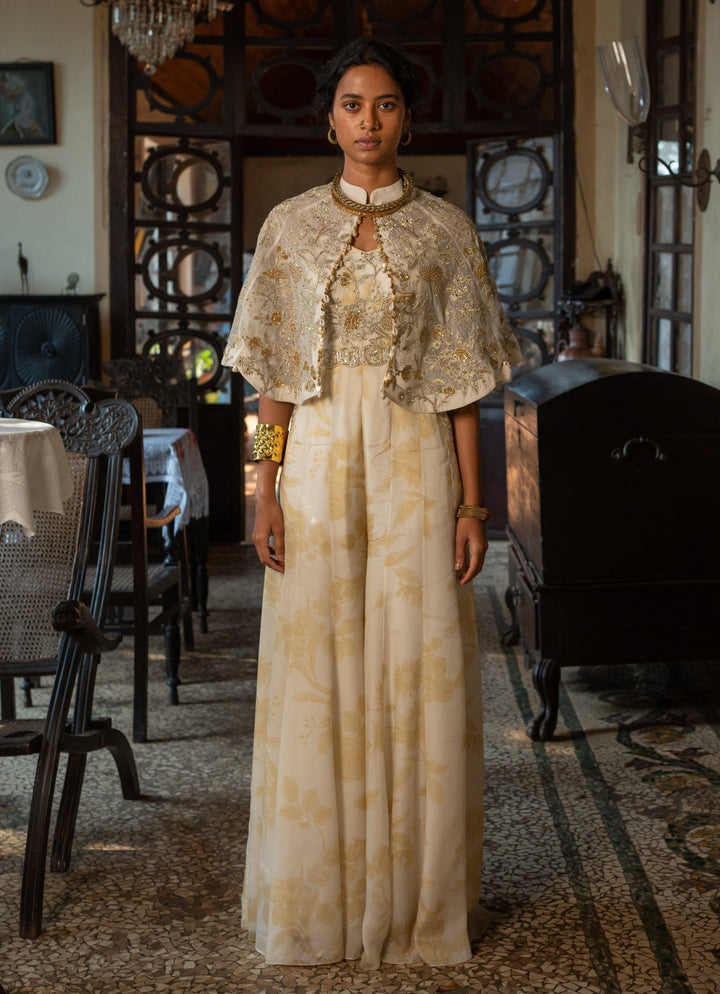 Ivory Crepe Jumpsuit With Cape Paulmi and Harsh - Fabilicious Fashion