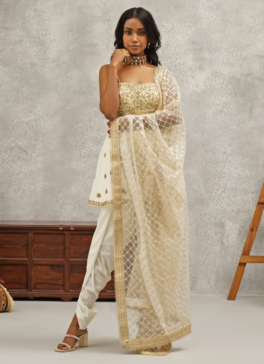 Ivory Crepe Peplum Kurta With Dhoti Pants Kapda Dori - Fabilicious Fashion
