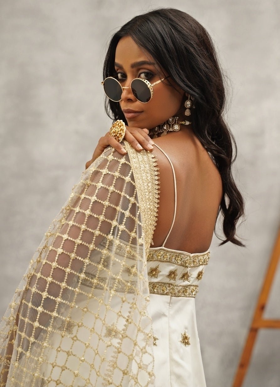 Ivory Crepe Peplum Kurta With Dhoti Pants Kapda Dori - Fabilicious Fashion