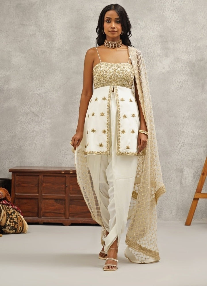 Ivory Crepe Peplum Kurta With Dhoti Pants Kapda Dori - Fabilicious Fashion