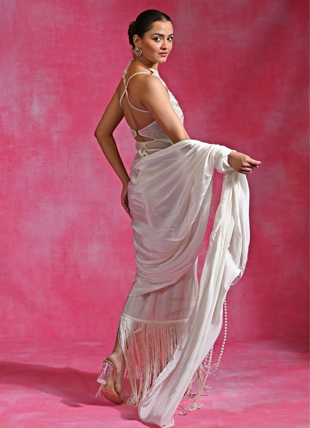 Rishi and Vibhuti Ivory Crepe Pre-Draped Saree SetFabilicious Fashion