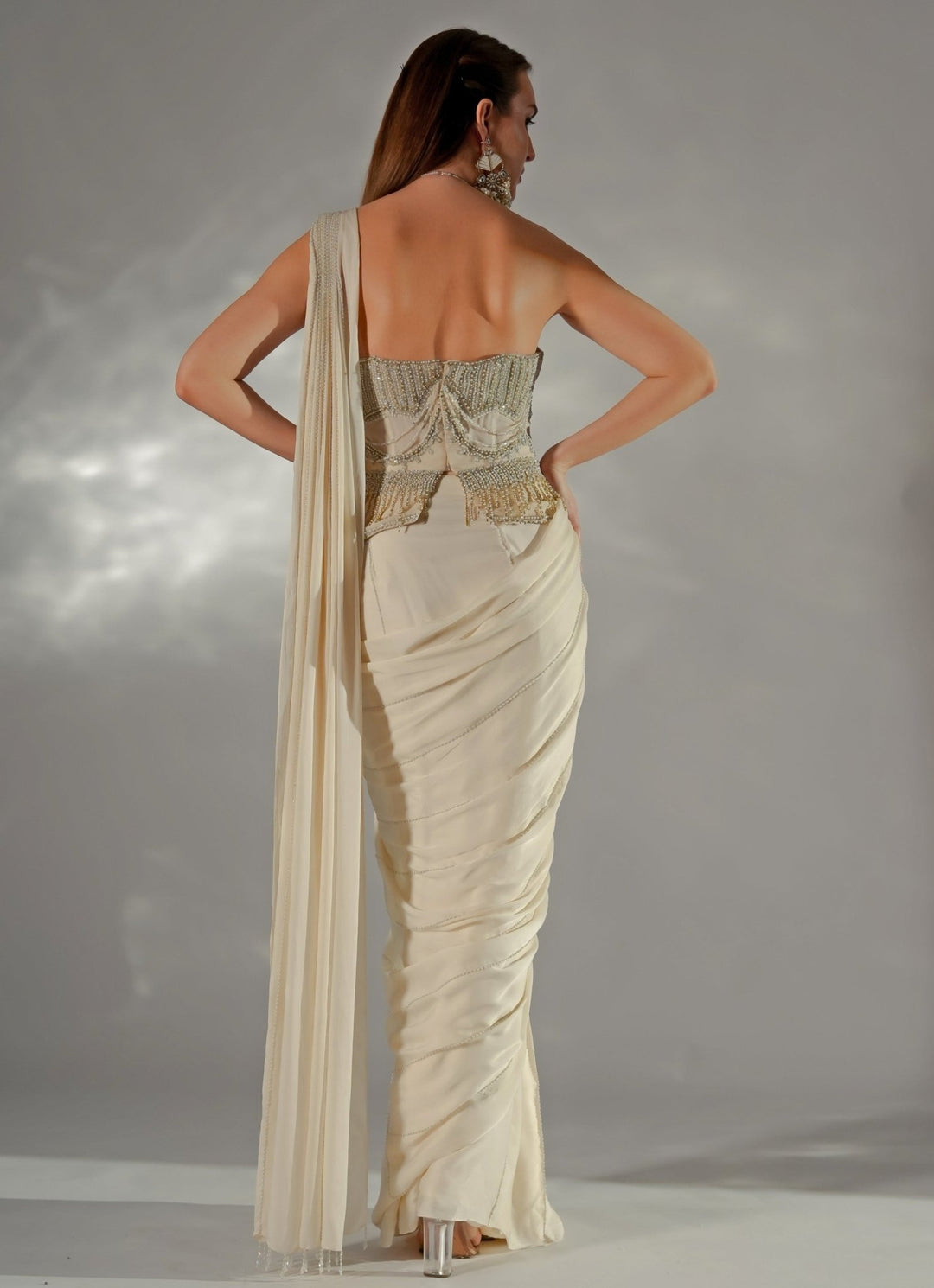 Ivory Crepe Pre - Draped Saree With Corset Jade by Ashima - Fabilicious Fashion