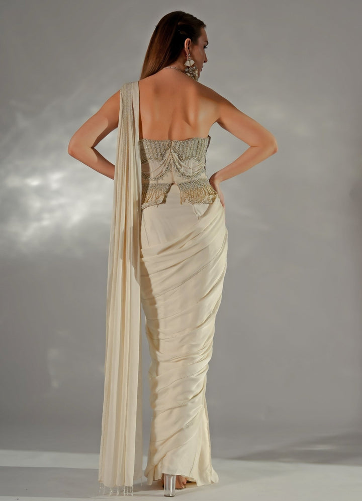 Ivory Crepe Pre - Draped Saree With Corset Jade by Ashima - Fabilicious Fashion