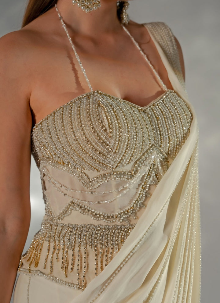 Ivory Crepe Pre - Draped Saree With Corset Jade by Ashima - Fabilicious Fashion