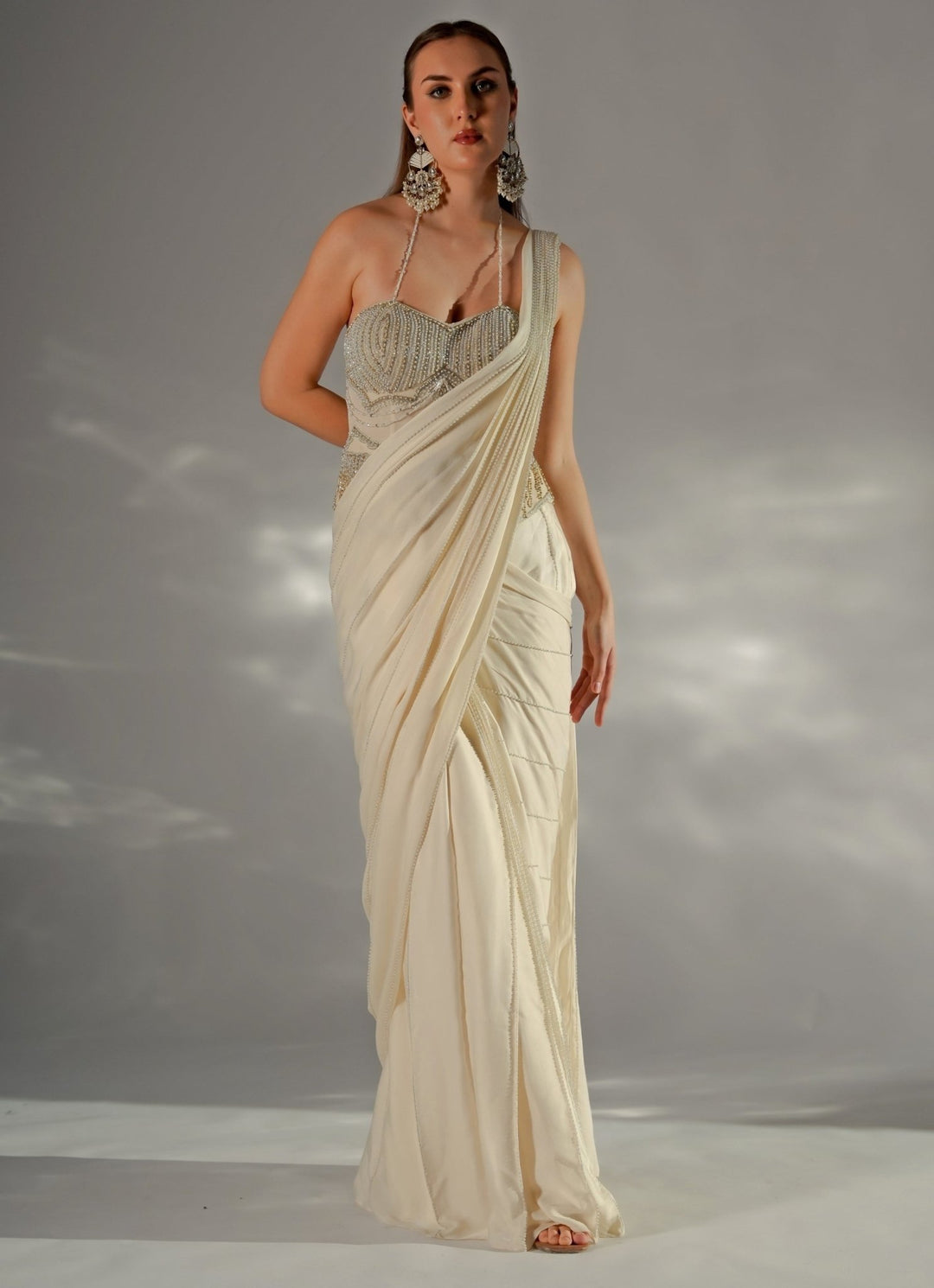 Ivory Crepe Pre - Draped Saree With Corset Jade by Ashima - Fabilicious Fashion