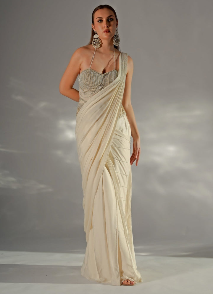 Ivory Crepe Pre - Draped Saree With Corset Jade by Ashima - Fabilicious Fashion