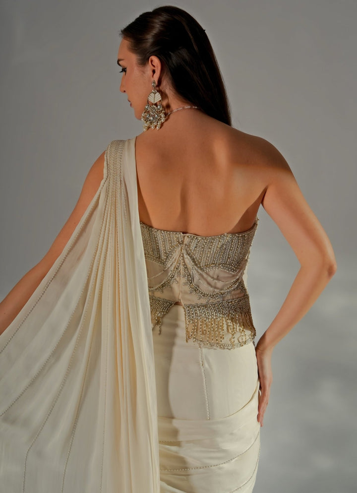 Ivory Crepe Pre - Draped Saree With Corset Jade by Ashima - Fabilicious Fashion