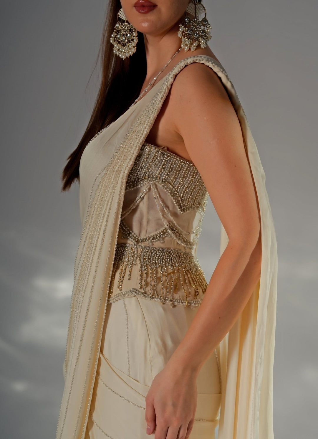 Ivory Crepe Pre - Draped Saree With Corset Jade by Ashima - Fabilicious Fashion