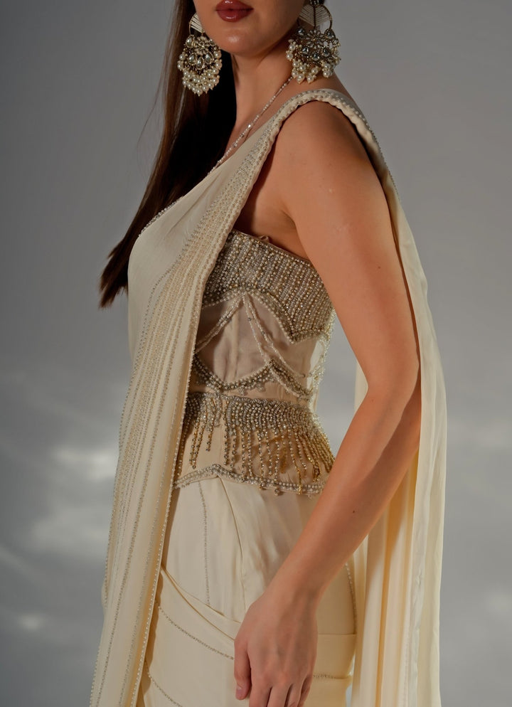 Ivory Crepe Pre - Draped Saree With Corset Jade by Ashima - Fabilicious Fashion