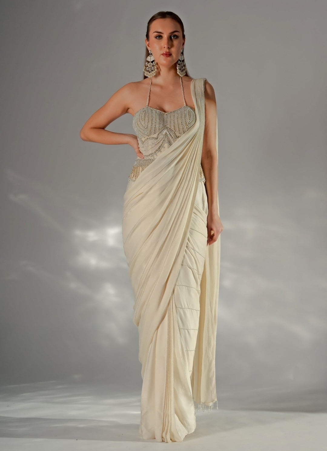 Ivory Crepe Pre - Draped Saree With Corset Jade by Ashima - Fabilicious Fashion
